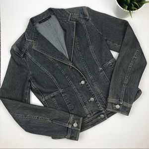Elie Tahari Designer Denim Button Jacket Sz S • Fitted • Notch Lapel • EUC